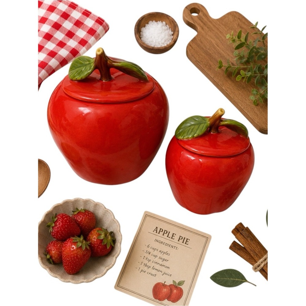 California Pottery Vintage Red Apple Ceramic Canister Set MCM Kitchen Decor EUC